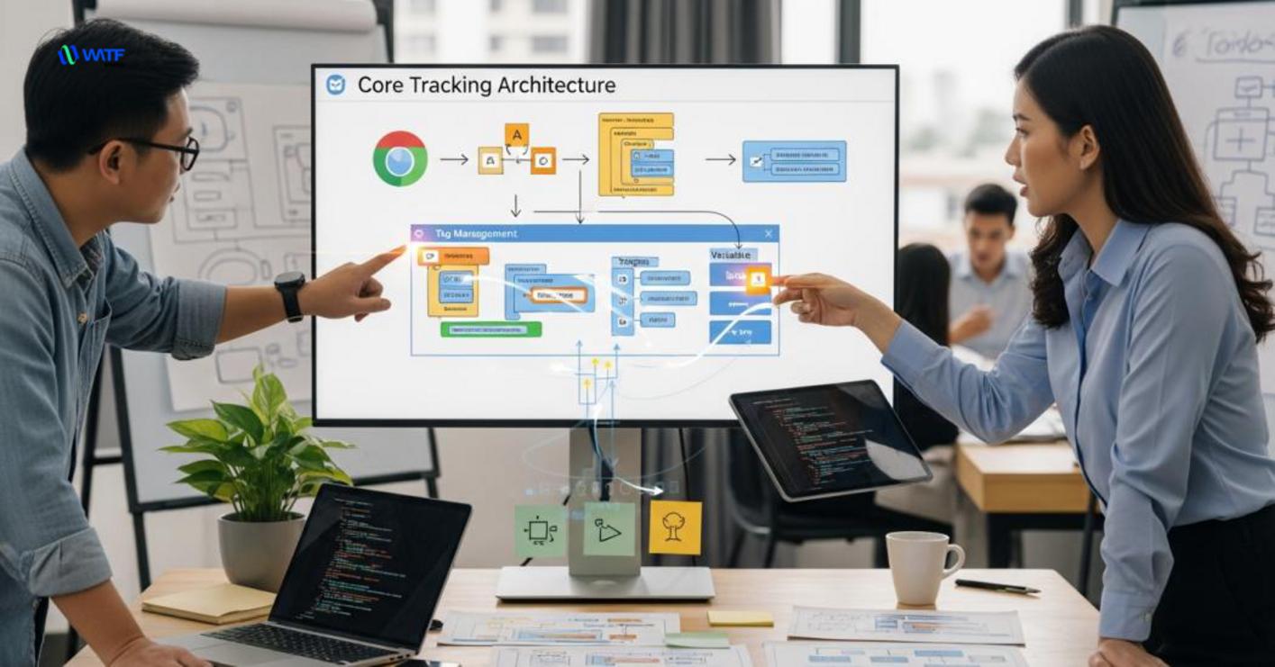 Thành phần cốt lõi trong hệ thống tracking gồm tags, triggers, variables và dataLayer