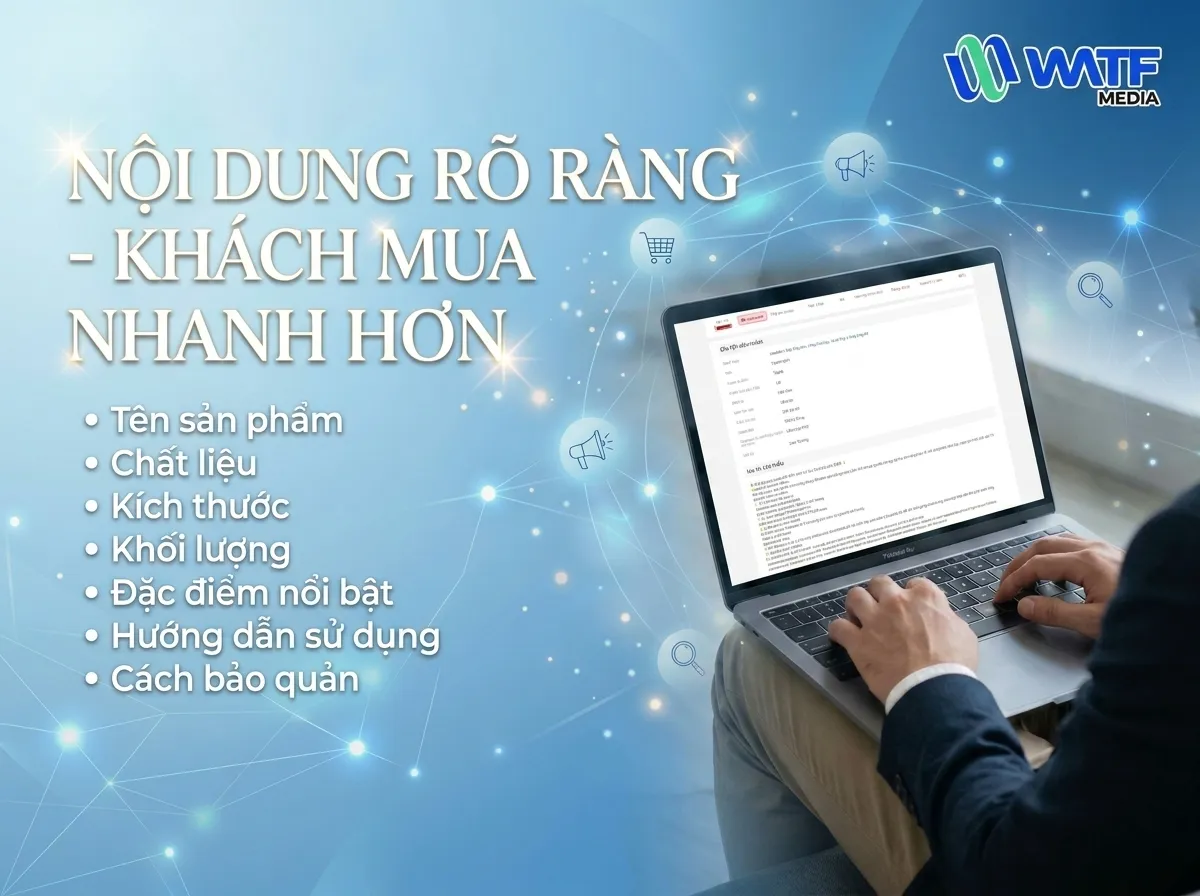 Nội dung mô tả chi tiết giúp khách hiểu rõ sản phẩm, tăng độ tin cậy và thúc đẩy quyết định mua nhanh hơn